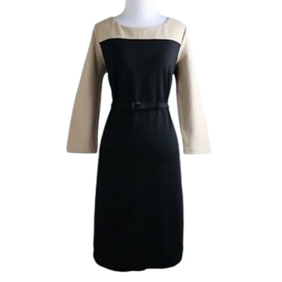 Talbots Ponte ColorBlock Sheath Dress Black / Nude Size 4 Petites NWOT - Picture 1 of 7